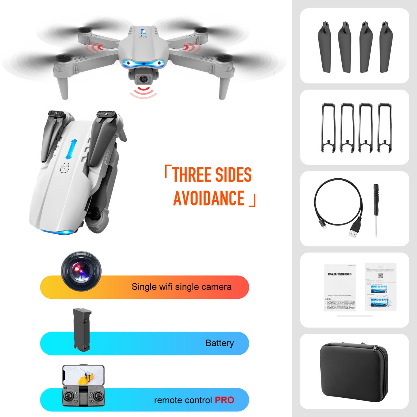 Drone d'évitement d'obstacles à trois côtés télécommandé à double caméra 4K