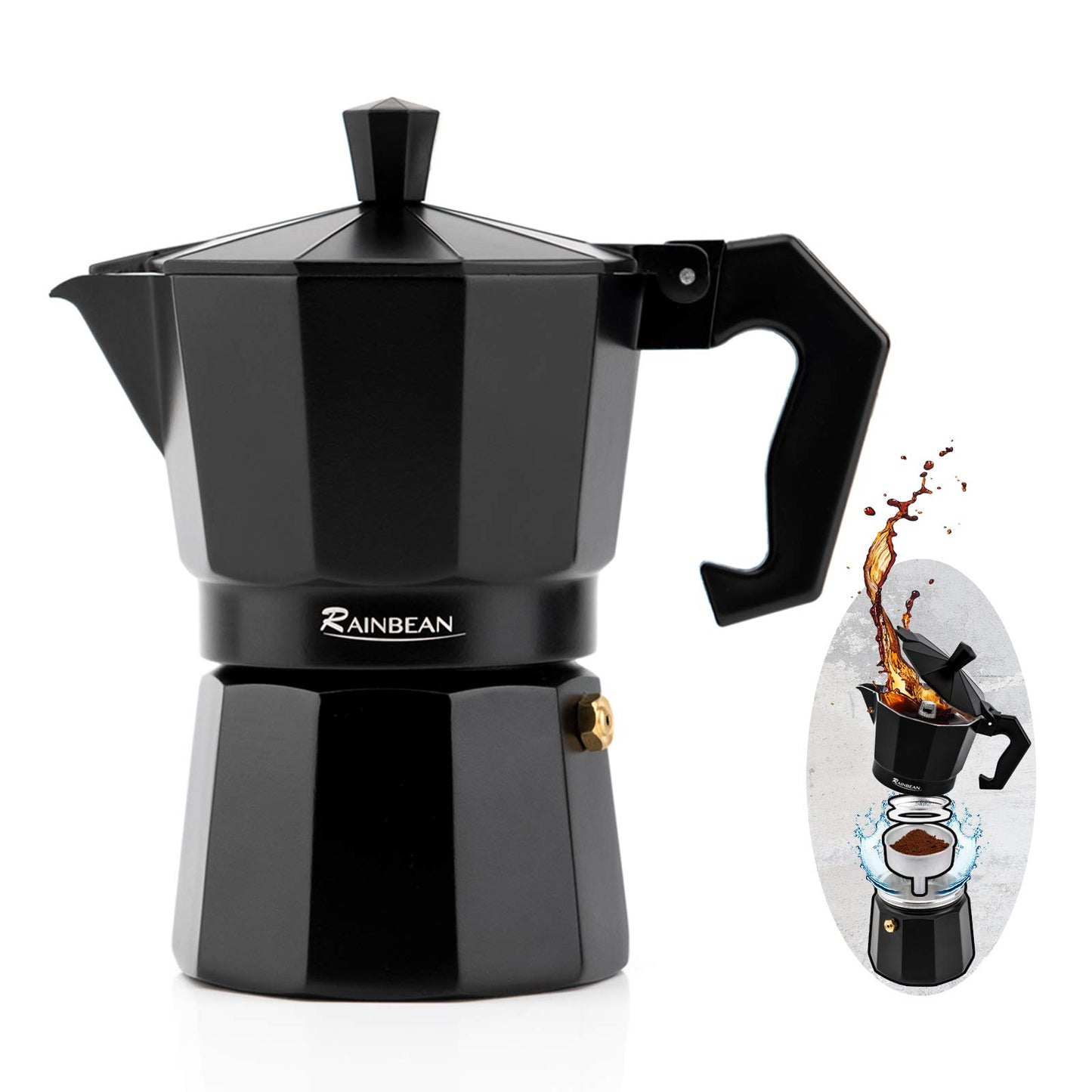 Machine à expresso sur cuisinière, tasse à expresso, cafetière à moka classique, cafetière à percolateur, expresso italien pour gaz ou électrique, aluminium noir, paquet cadeau avec 2 tasses Plate-forme Amazon interdite