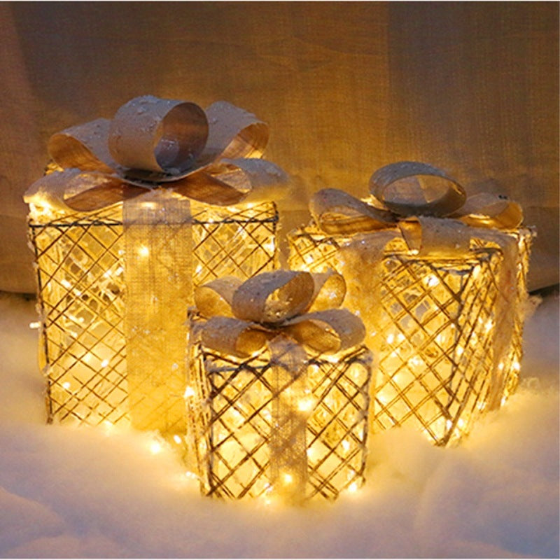 Coffrets cadeaux lumineux de noël avec nœuds, décorations d'intérieur, boîte-cadeau de neige, boîte-cadeau scintillante, maison, jardin, noël