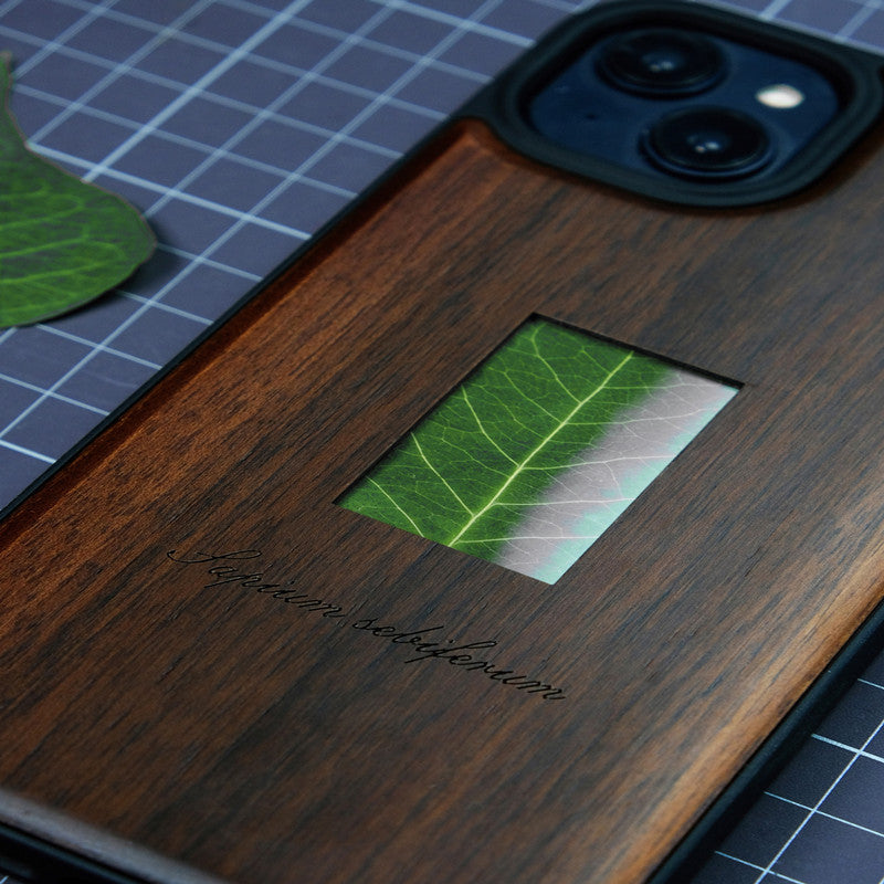 Étui de téléphone en bois massif avec spécimen de plante