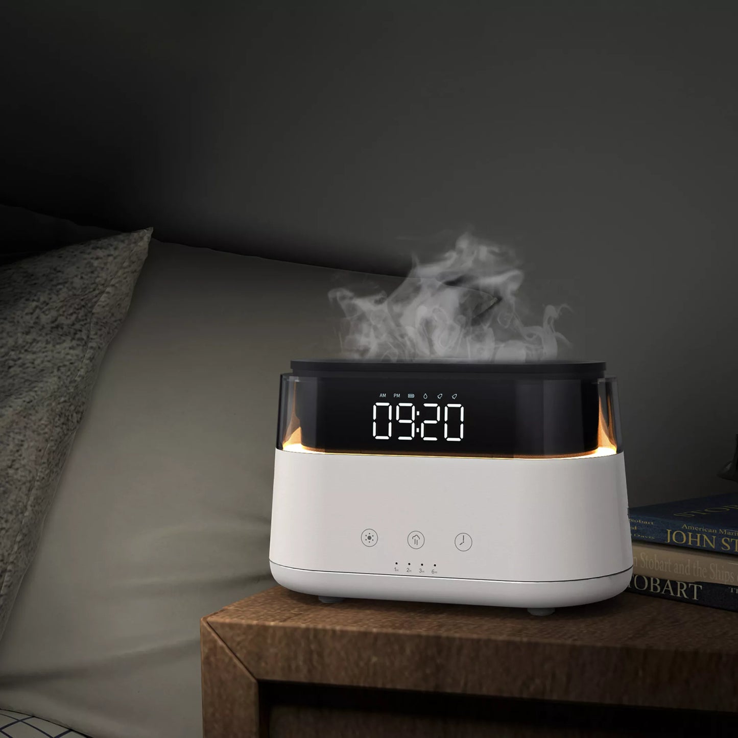 Reloj despertador elegante, difusor de aceite, humidificador de llama de simulación innovadora con función de temporizador, luz nocturna de llama, 2023