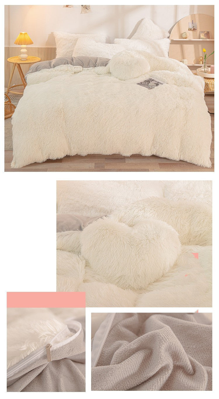 Thick Warm Mink Fur Plush Four-piece Set Pure Color Rhinestone Velvet Pvvelvet South Korean Velvet Tie-dyed 4-piece Set