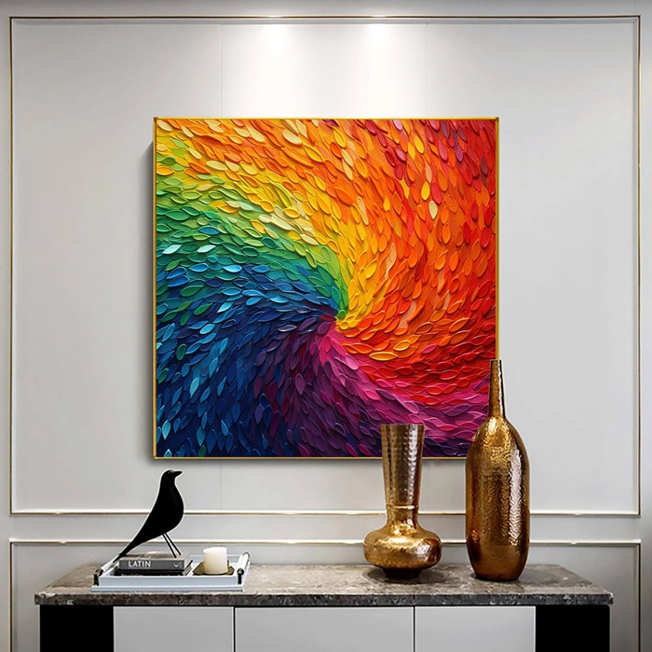 Abstract Textured Art Custom Rainbow Feather Painting Hand Painted Wall Decor Art Poster Ocean Seaside Thick Gray And Black Oil Painting Simple Design Wall Art, Unframed.