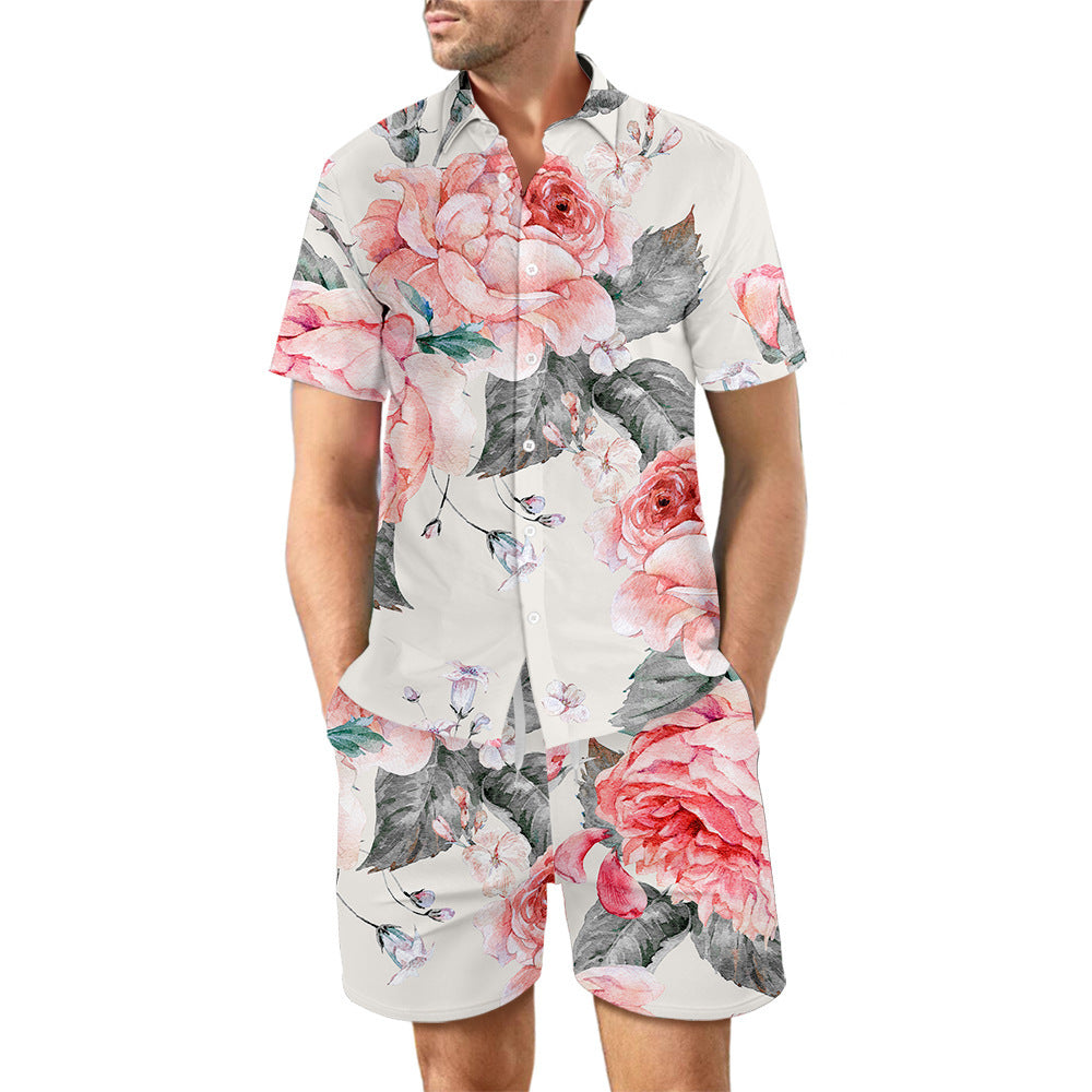 Camisa de playa estampada para hombre, traje de verano con solapa holgada, Top con botones y bolsillos con cordón, pantalones cortos, pantalón corto informal, trajes de manga, 2 uds.