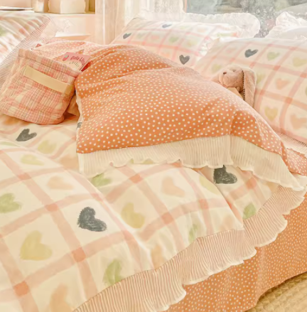 Juego de cama floral estilo princesa de cuatro piezas con encaje verde