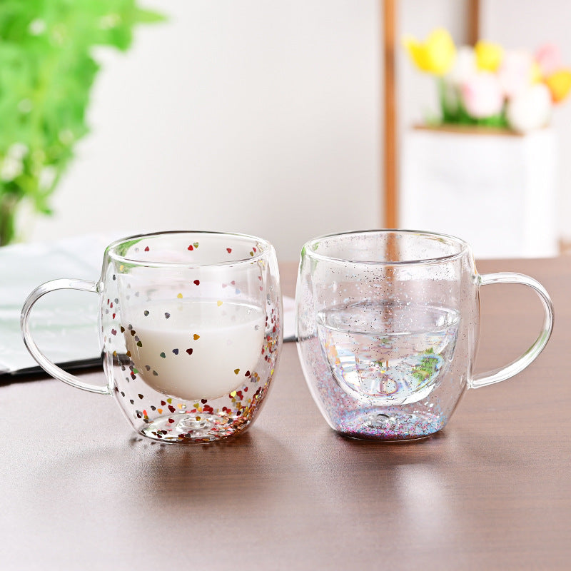 Tasse en verre à Double couche de sable mouvant de fleur séchée de lait de café de ménage créatif