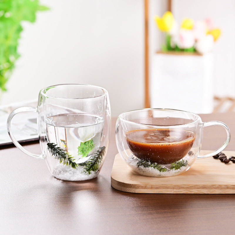 Taza de vidrio de doble capa con arena movediza y flores secas, leche y café creativo para el hogar