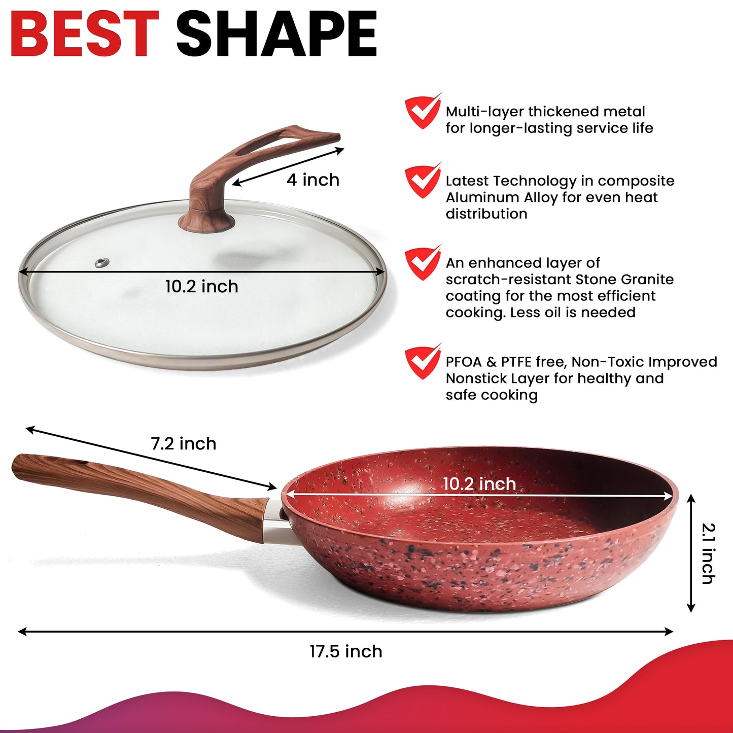 10 Inch Frying Pan With Special Lid - Deluxe Copper Granite Stone Coating - PFOA PFOS PTFE Free - Premium Nonstick Scratch Proof Coating - Comes With Special Lid, Red