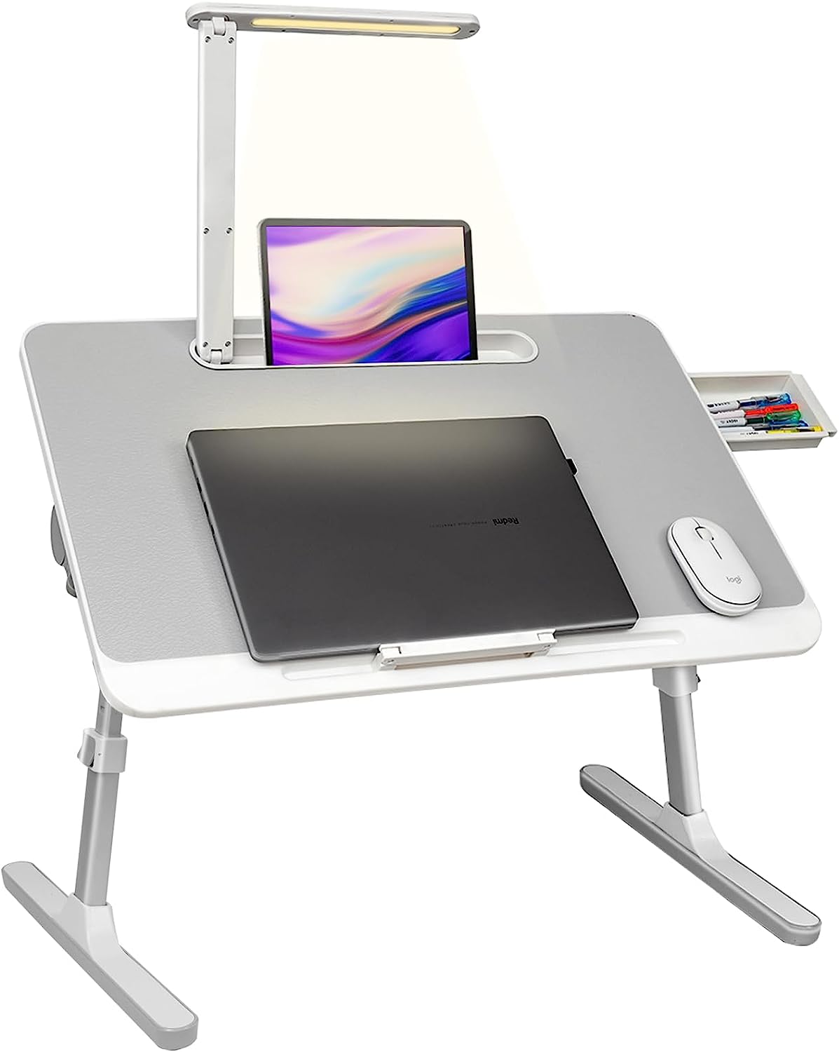 Bureau pour ordinateur portable, table de lit portable, bureau pour ordinateur portable avec lumière LED et tiroir, support réglable pour ordinateur portable pour lit, canapé, bureau, lecture