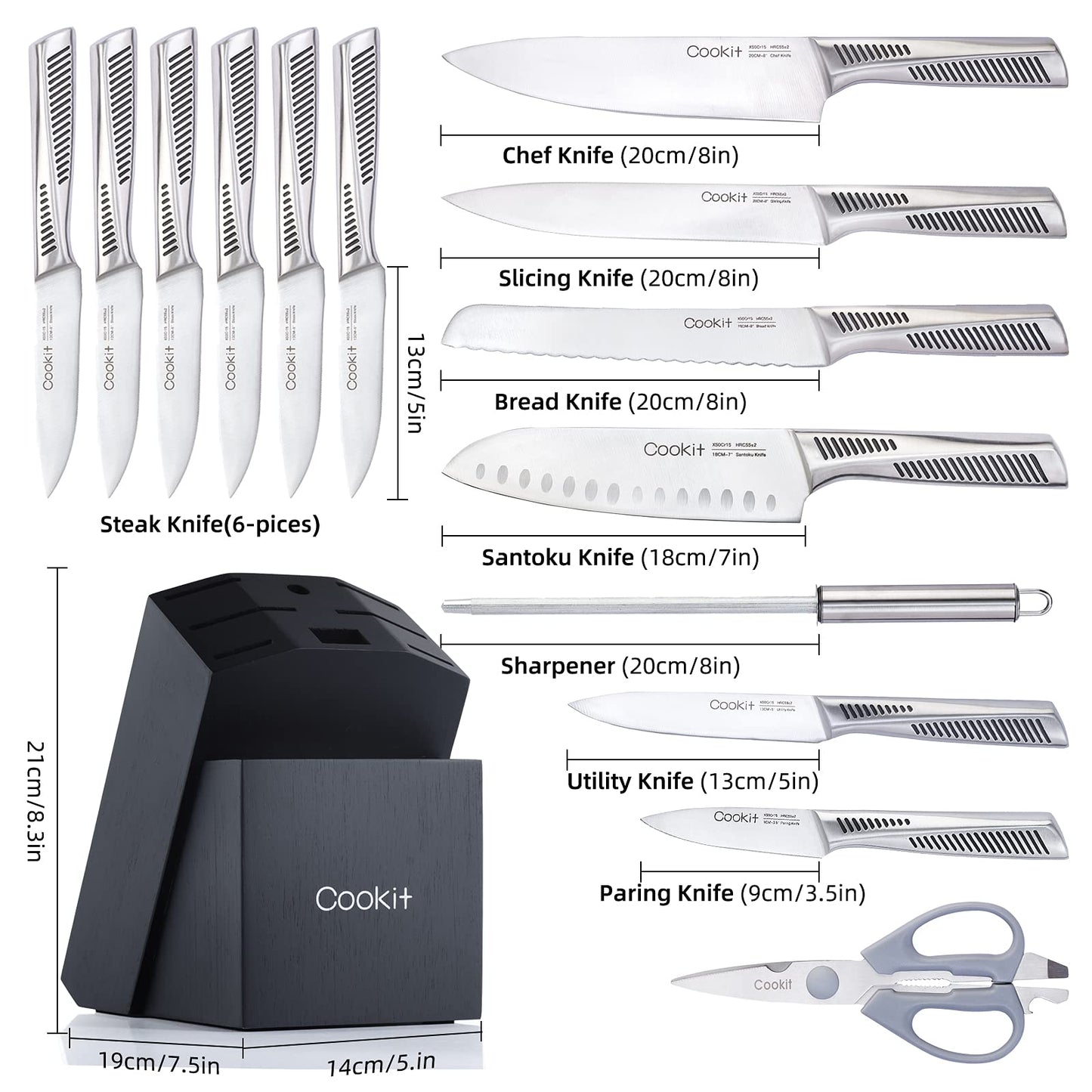 Juego de cuchillos de cocina, juego de cuchillos de 15 piezas con bloque, cuchillos de chef con mango hueco de acero inoxidable alemán antideslizante, juego de cubiertos con tijeras multifuncionales, afilador de cuchillos Plataforma Amazon prohibida