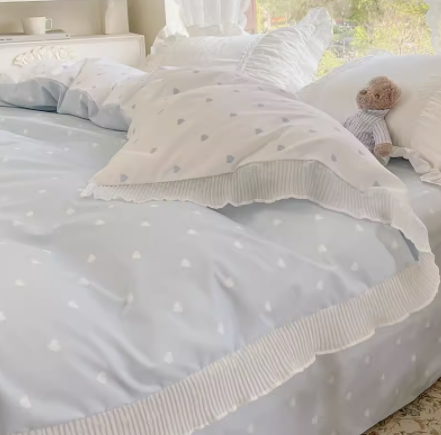 Juego de cama floral estilo princesa de cuatro piezas con encaje verde