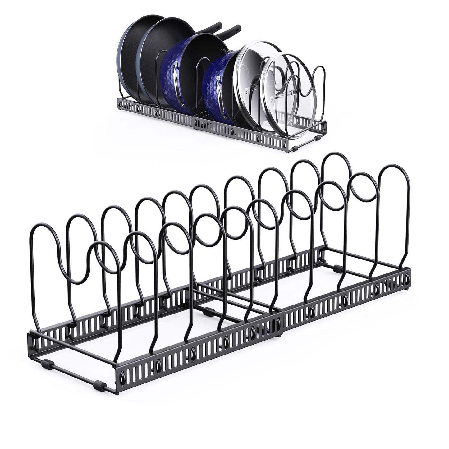 Support de rangement extensible pour casseroles, support de couvercle de casserole et de poêle avec 10 séparateurs réglables, rangement de couvercle de casserole pour ustensiles de cuisson, noir 