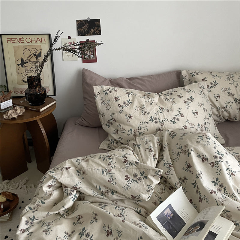 Juego de cama femenino de verano de 4 piezas con cama de algodón floral pequeña para jardín