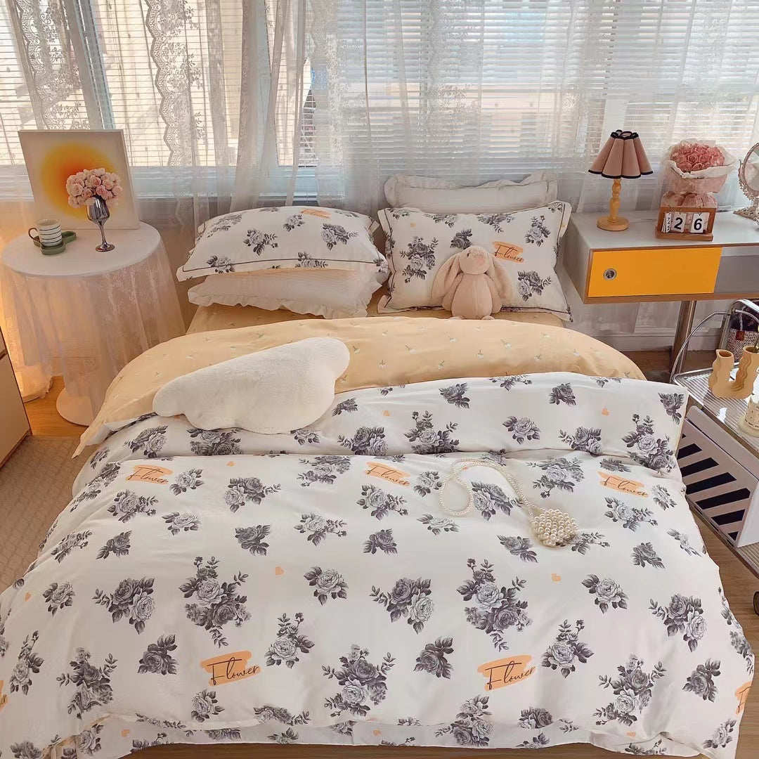 Home Fashion Simple Printing Cotton Bed Four-piece Set