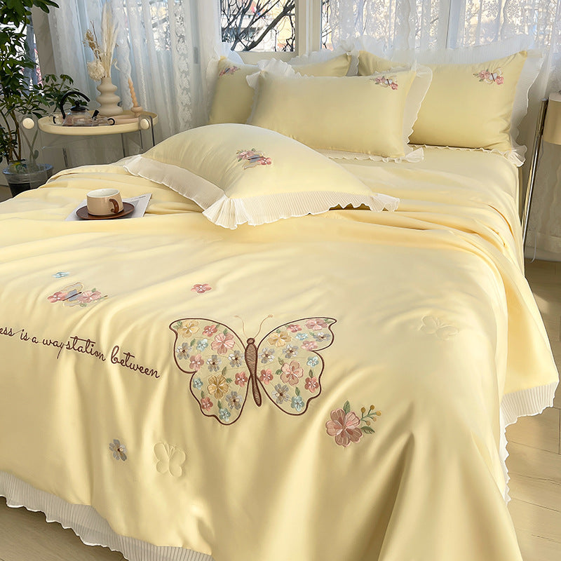 Korean Ice Silk Summer Quilt Four-piece Set Embroidery Lace Air Conditioning Cool Feeling Thin Duvet