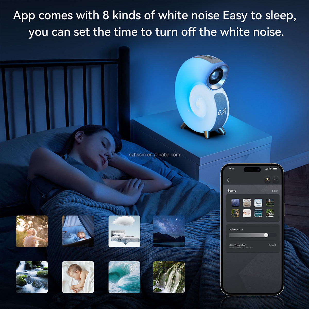 Concha inteligente RGB, luz de ambiente, Altavoz Bluetooth, despertador, lámpara de despertador, máquina de ruido blanco para dormir, Control por aplicación para bebé