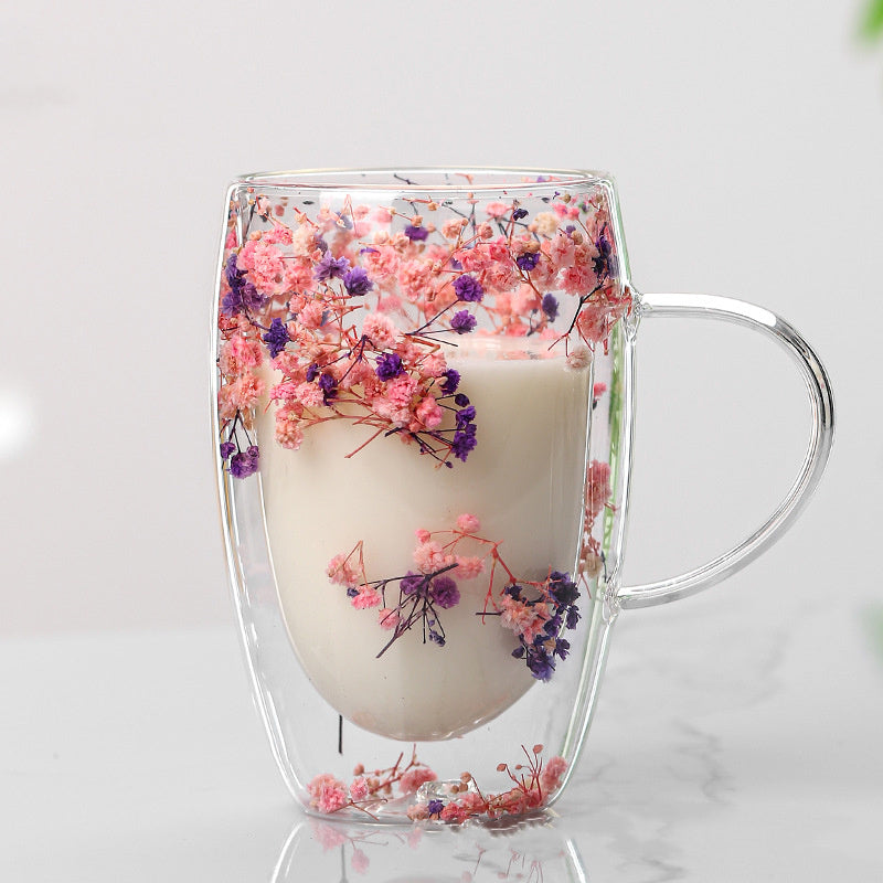 Taza de vidrio de doble capa con arena movediza y flores secas, leche y café creativo para el hogar