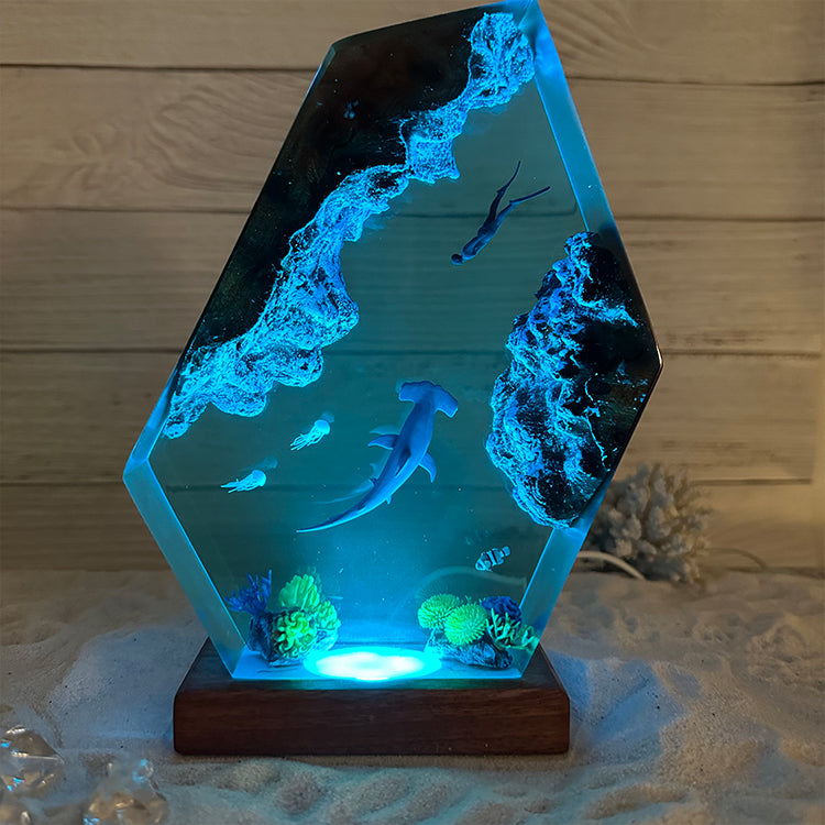 Petite lampe de nuit requin marteau océan, décoration ornementale en bois massif époxy