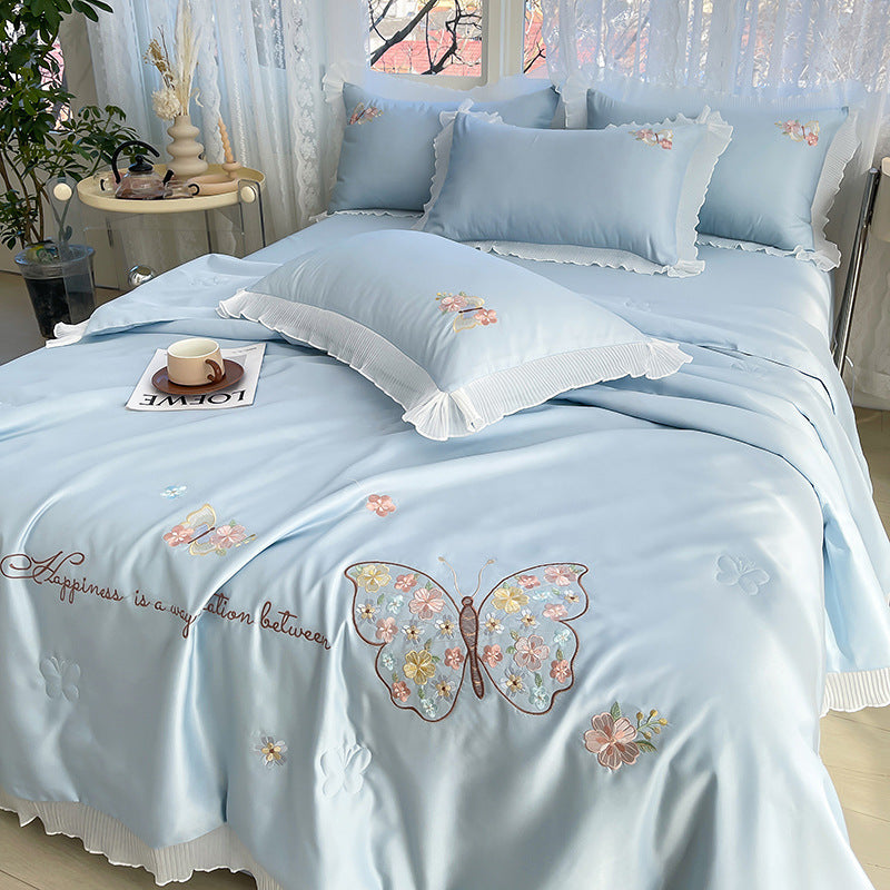 Korean Ice Silk Summer Quilt Four-piece Set Embroidery Lace Air Conditioning Cool Feeling Thin Duvet