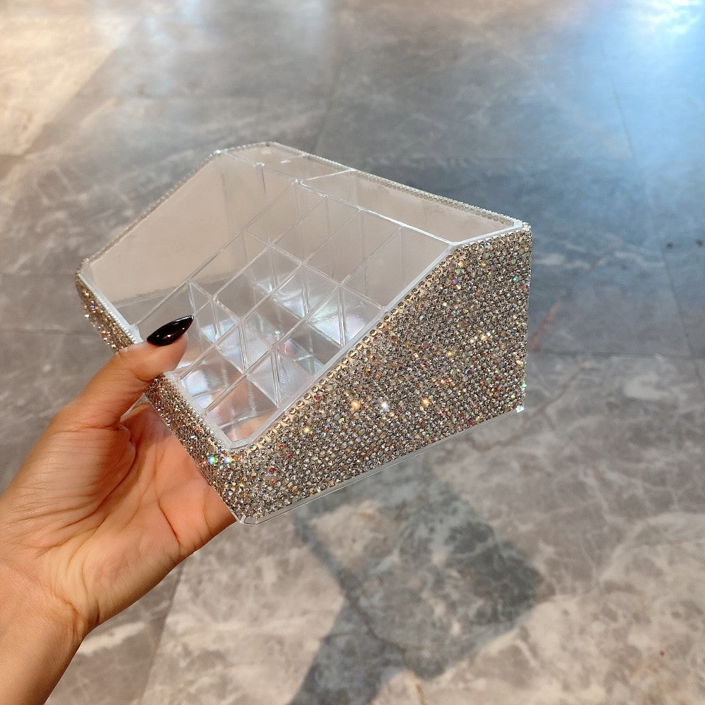 Caja de almacenamiento de lápiz de cejas con brocha de maquillaje transparente de diamante