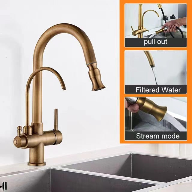 Copper Pull Antique Washing Basin Retractable Sink Kitchen Retro European Faucet