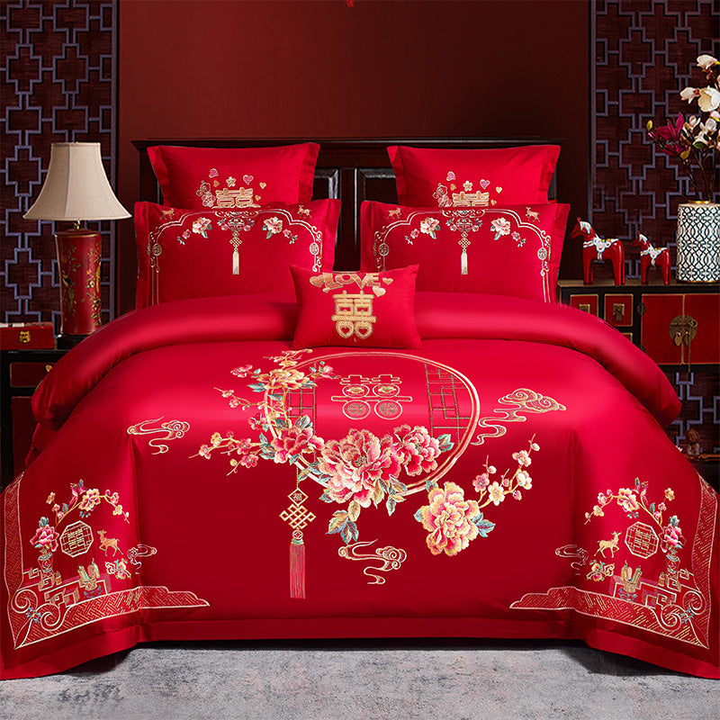 Ensemble de quatre pièces de mariage rouge, vente en gros, literie brodée en coton pur, lit de mariage Xi, housse de couette Dragon et phénix