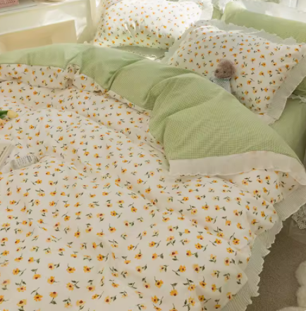 Juego de cama floral estilo princesa de cuatro piezas con encaje verde