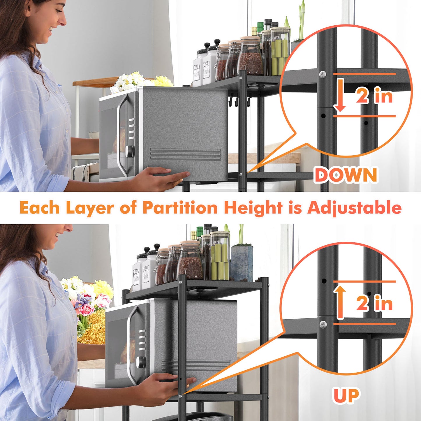 Estantería de cocina para panaderos Ambitelligence, estantería de cocina resistente de 4 niveles, estante de almacenamiento independiente, altura ajustable con ruedas y patas, soporte industrial de metal para horno microondas, color negro