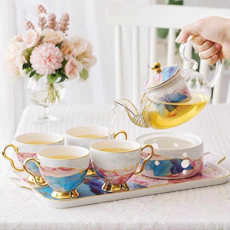 Juego de tazas de té con flores de vidrio y cerámica inglesa