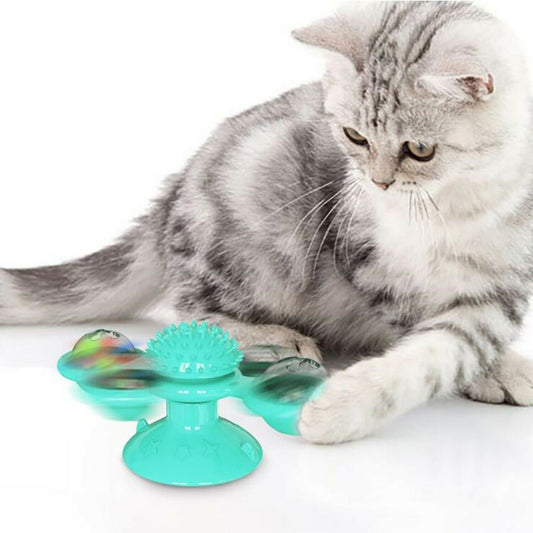 Nouveau moulin à vent pour chat, joli jouet interactif rotatif pour chat – Moulin à vent d'intérieur pour chat avec ventouse, herbe à chat et dents dentelées, boule centrale, jouet d'exercice rotatif pour chaton intelligent, brosse à dents et masseur 