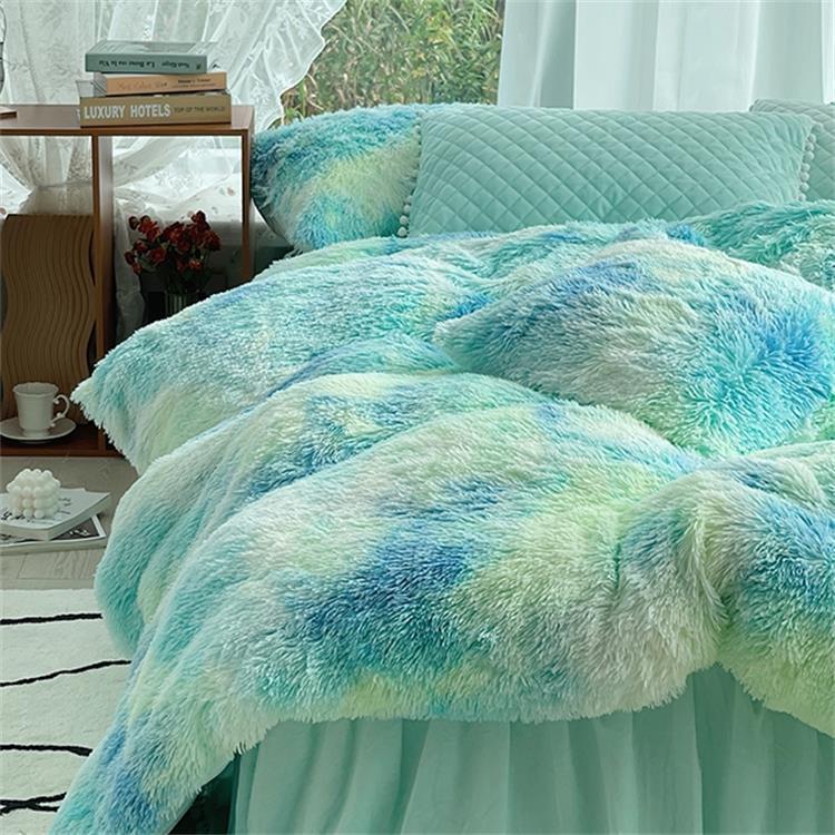 Lit d'hiver en fourrure de vison en fibre de lait Housse de couette longue en laine quatre pièces Velours corail Double face en peluche doublée en polaire Jupe de lit matelassée Style princesse