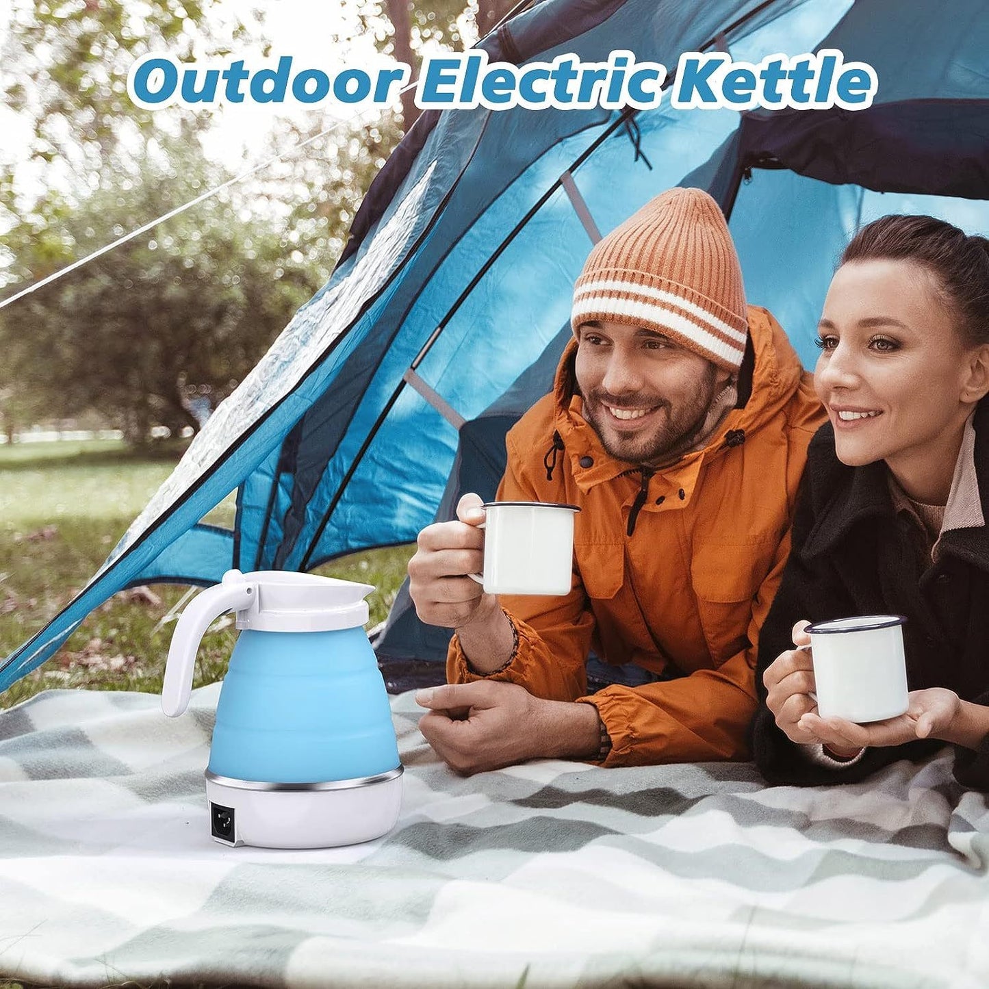 Hervidor eléctrico plegable, hervidor de camping, mini hervidor de viaje, hervidor de agua eléctrico de silicona, hervidor de té, café, hervidor plegable con cable de alimentación separable para senderismo al aire libre camping, azul