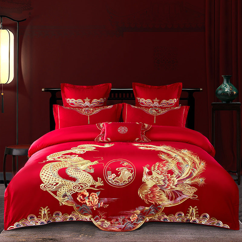 Ensemble de quatre pièces de mariage rouge, vente en gros, literie brodée en coton pur, lit de mariage Xi, housse de couette Dragon et phénix