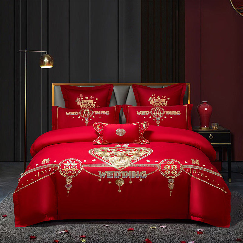 Ensemble de quatre pièces de mariage rouge, vente en gros, literie brodée en coton pur, lit de mariage Xi, housse de couette Dragon et phénix