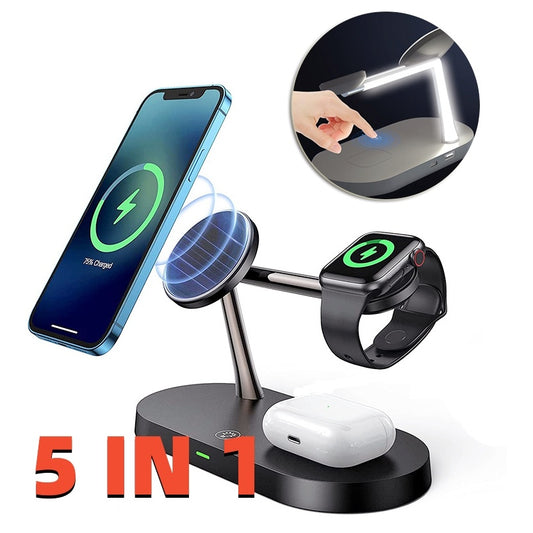 Chargeur sans fil magnétique multifonction 5 en 1 pour montre, casque, support de téléphone portable, chargeur, charge rapide 15 W