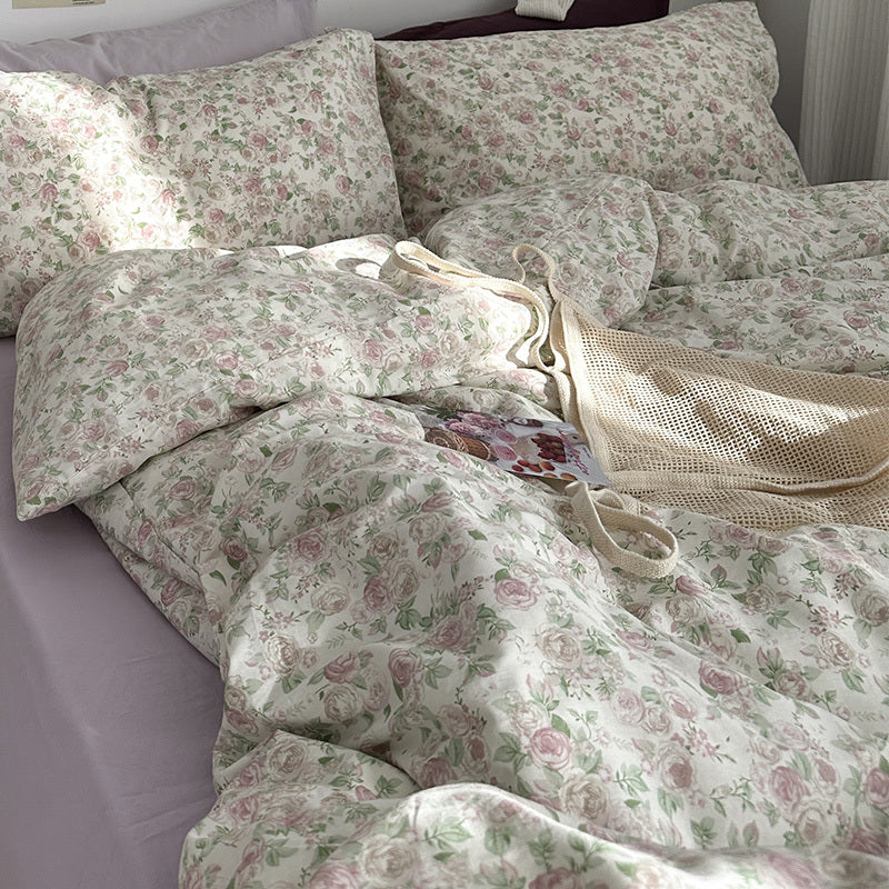 Ensemble de literie girly d'été 4 pièces en coton à fleurs, petit lit de jardin