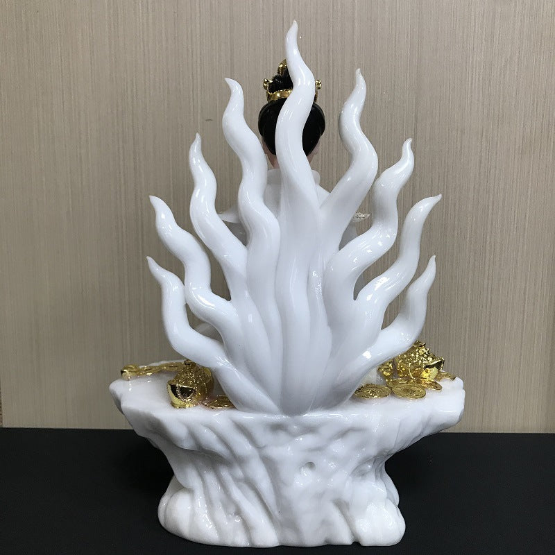 Nine Tail Female Fox Solid White Jade Home Worship Statue