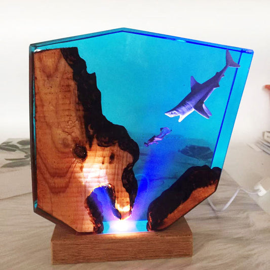 Epoxy Solid Wood Resin Shark Diving Small Night Lamp