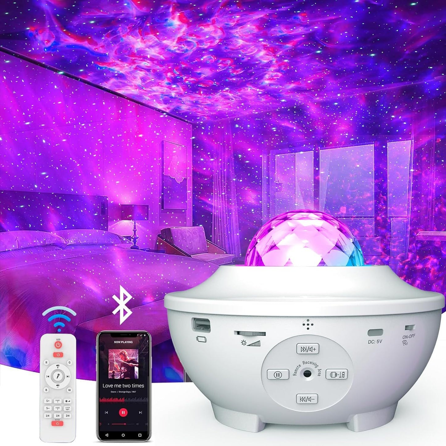 Proyector de luz LED de estrella con USB, luz nocturna con música, onda de agua estrellada, Bluetooth, activado por sonido, decoración de luz