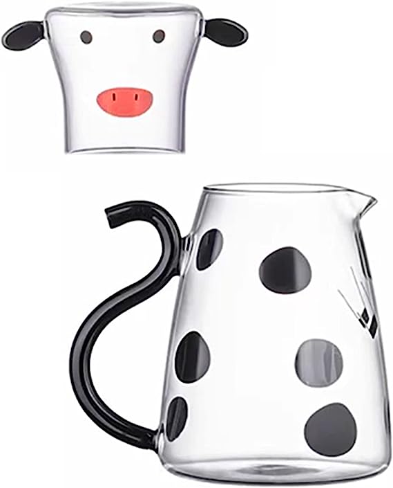 Carafe de vache Pichet d'eau de vache avec tasse Carafe d'eau de chevet Ensemble de verre de vache Pichet de vache Carafe d'eau avec tasse en verre pour table de nuit