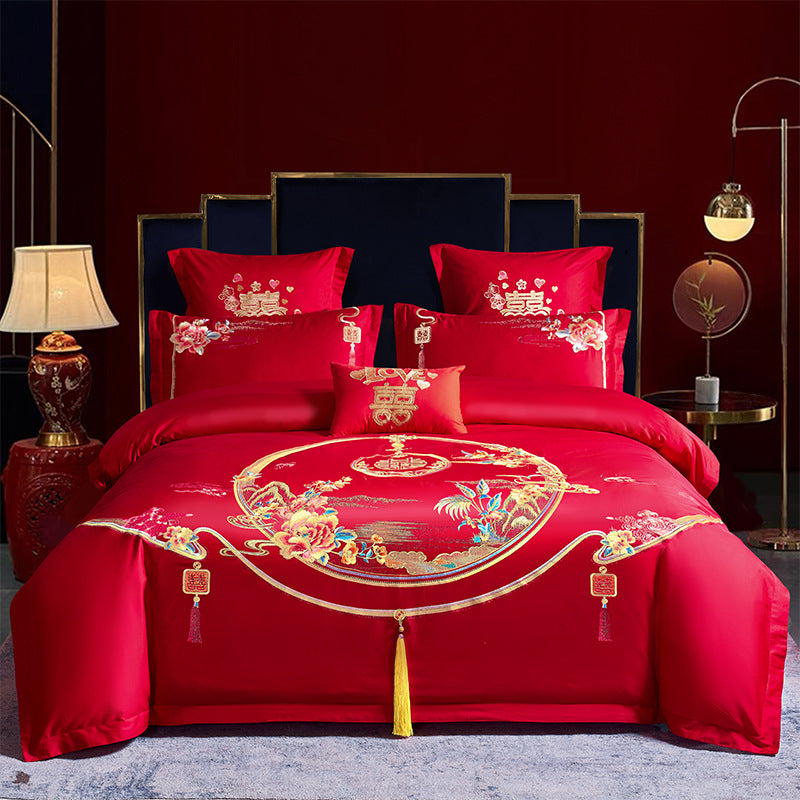 Ensemble de quatre pièces de mariage rouge, vente en gros, literie brodée en coton pur, lit de mariage Xi, housse de couette Dragon et phénix