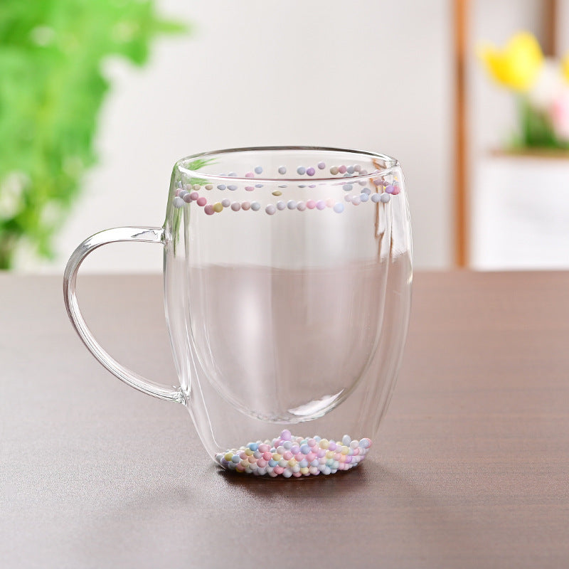 Taza de vidrio de doble capa con arena movediza y flores secas, leche y café creativo para el hogar