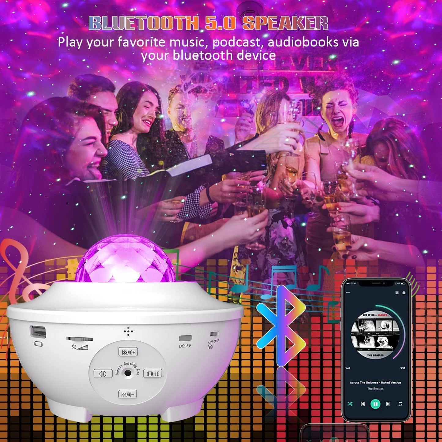 Proyector de luz LED de estrella con USB, luz nocturna con música, onda de agua estrellada, Bluetooth, activado por sonido, decoración de luz