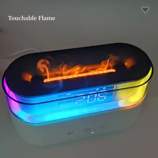 Reloj despertador elegante, difusor de aceite, humidificador de llama de simulación innovadora con función de temporizador, luz nocturna de llama, 2023