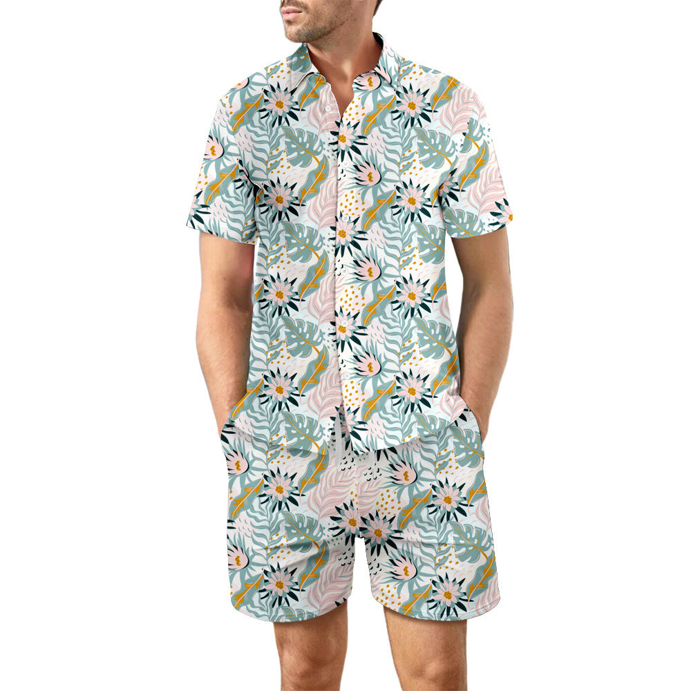 Camisa de playa estampada para hombre, traje de verano con solapa holgada, Top con botones y bolsillos con cordón, pantalones cortos, pantalón corto informal, trajes de manga, 2 uds.