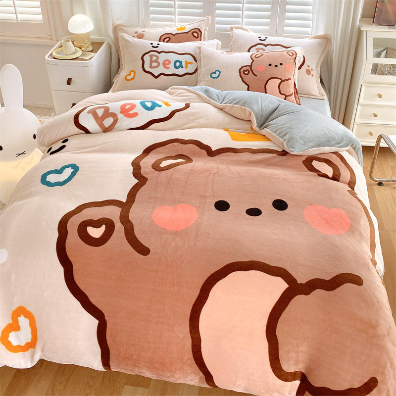 Cute Cartoon Milk Velvet Bedding Set Of Four