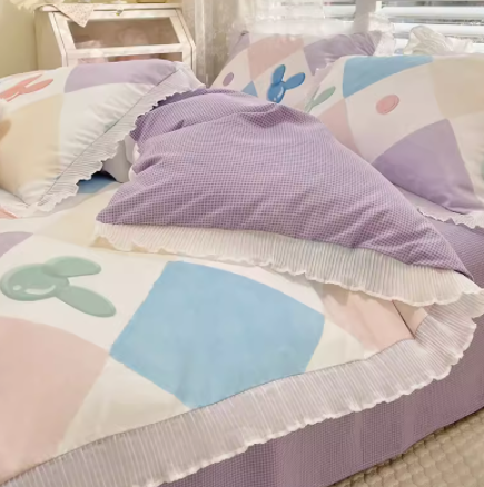 Juego de cama floral estilo princesa de cuatro piezas con encaje verde