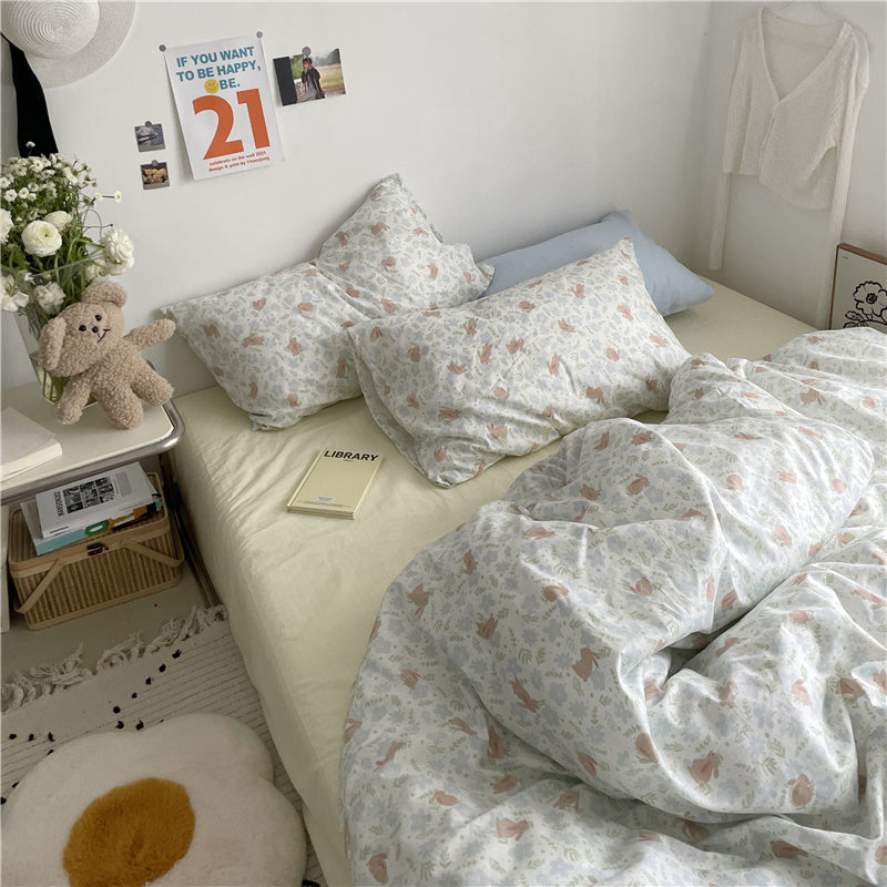 Juego de cama femenino de verano de 4 piezas con cama de algodón floral pequeña para jardín