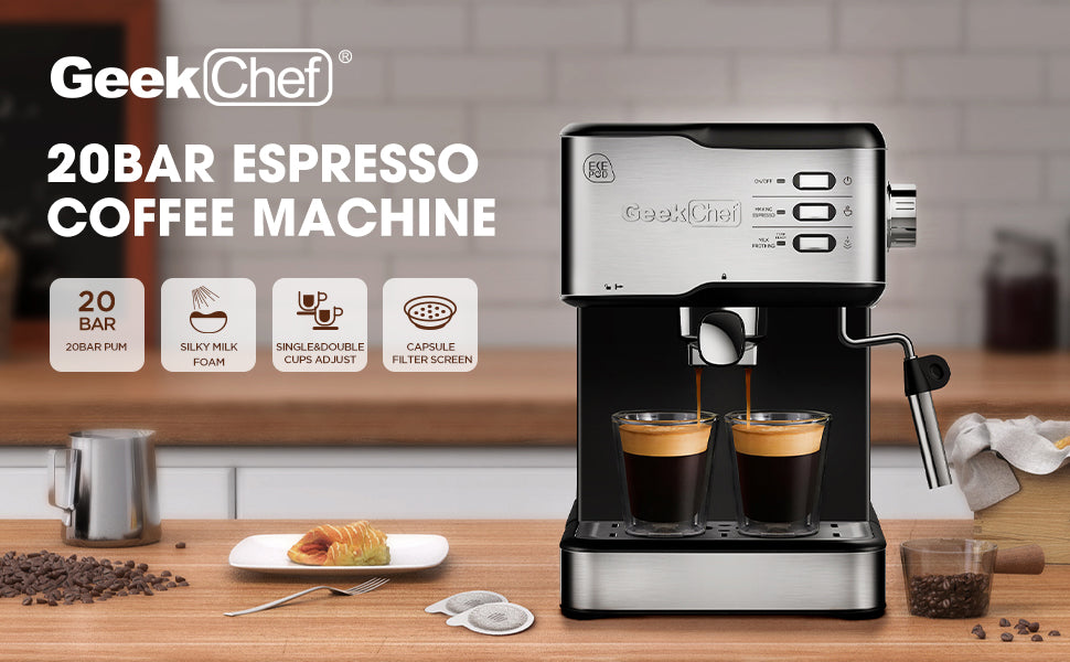 Machine à expresso Geek Chef, machine à expresso et cappuccino latte, machine à café 20 bars compatible avec les capsules ESE POD, filtre et mousseur à lait, baguette à vapeur, 950 W, réservoir d'eau de 1,5 L, interdiction sur Amazon 