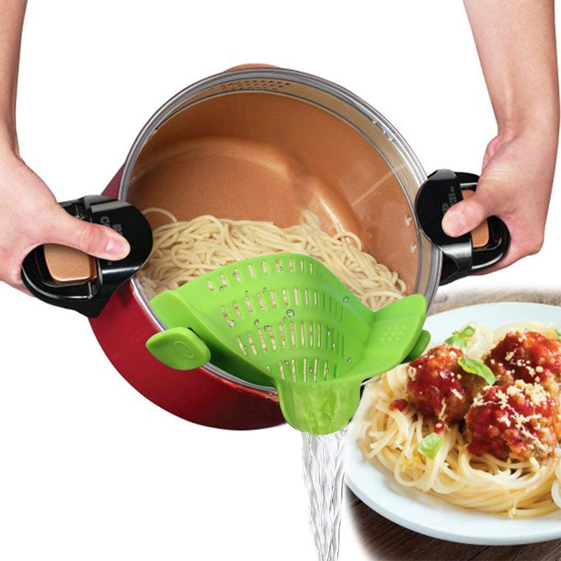 Colador Universal de silicona con Clip para olla, colador antiderrames para Pasta, colador de fruta y arroz de calidad alimentaria